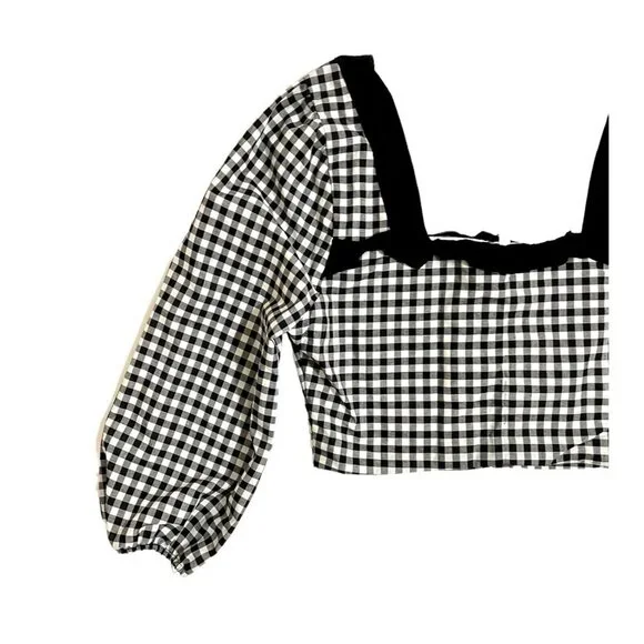 BCBGeneration Crop Top Ruffled Gingham Black White Blouse Top Shirt Sz M NWT - Picture 9 of 12
